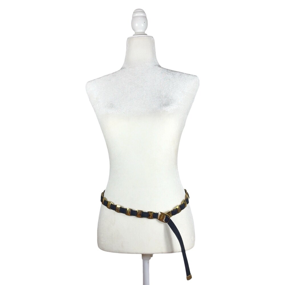 Vintage Salvatore Ferragamo Skinny Chain Link Belt Grosgrain Black Gold Italy - Picture 3 of 11